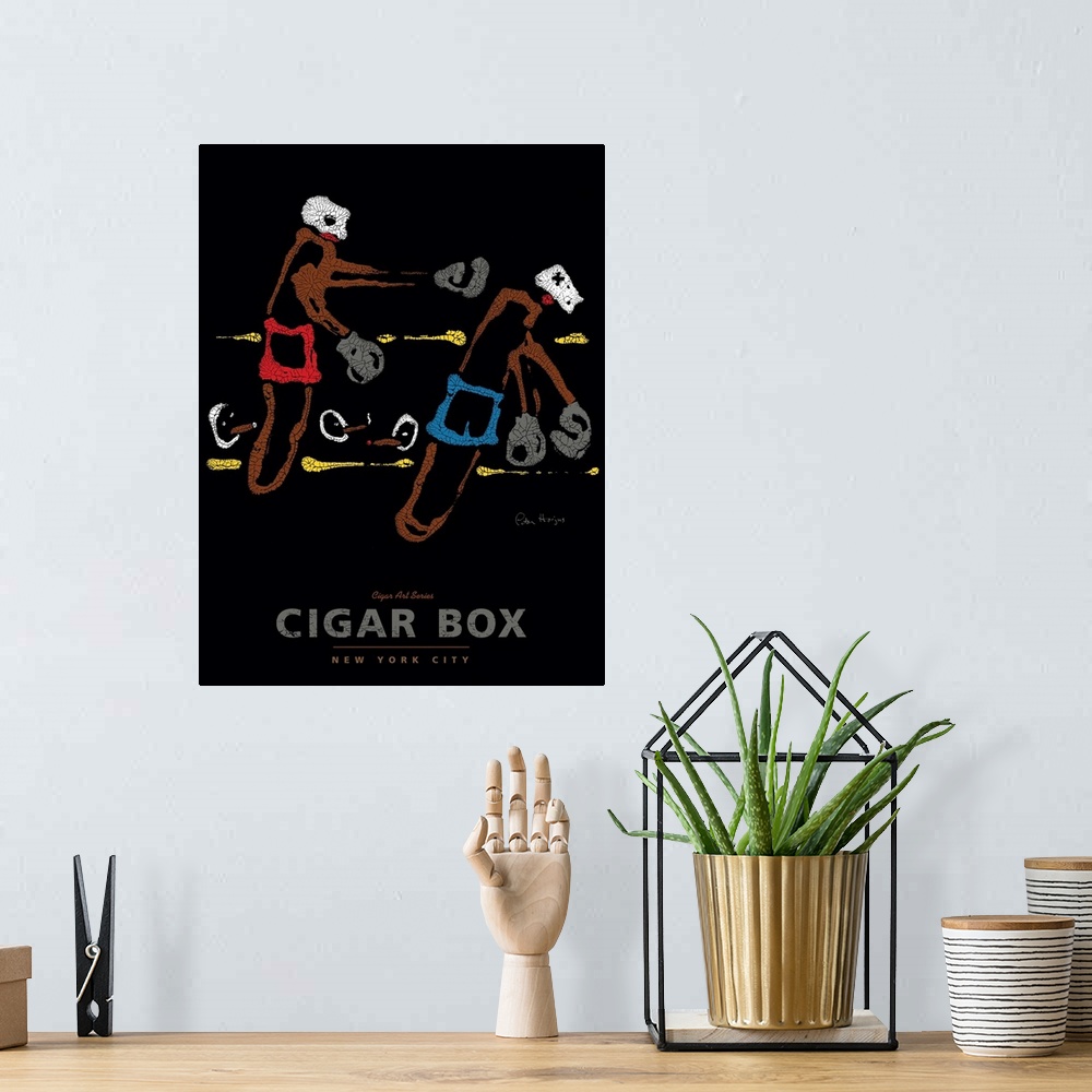 A bohemian room featuring Wall art cigar poster of two cigars boxing in a boxing ring with the words Cigar Box.
