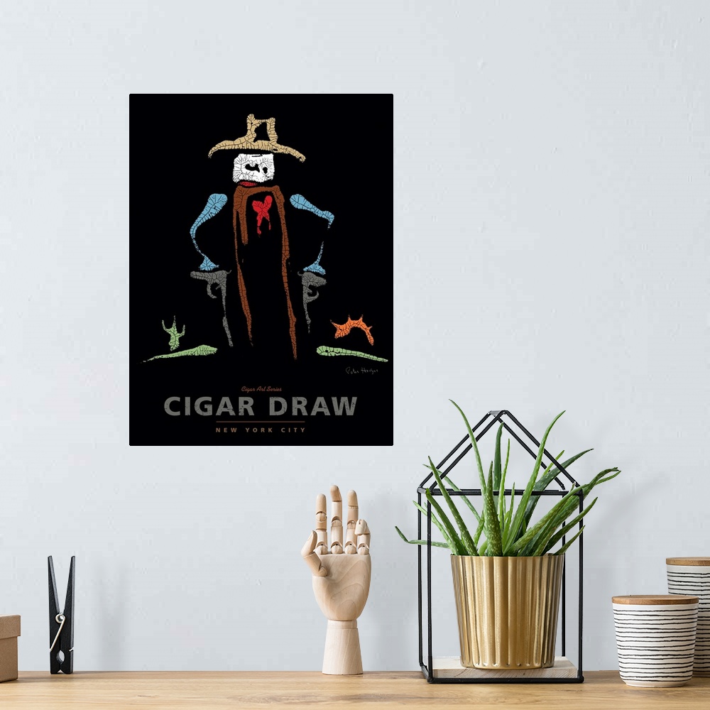 A bohemian room featuring Wall art cigar poster of a cigar dressed as a cowboy with two guns, cowboy hat, in a desert setti...