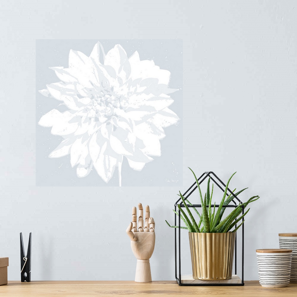 A bohemian room featuring Close-up graphic of a white dahlia flower on a light blue background.