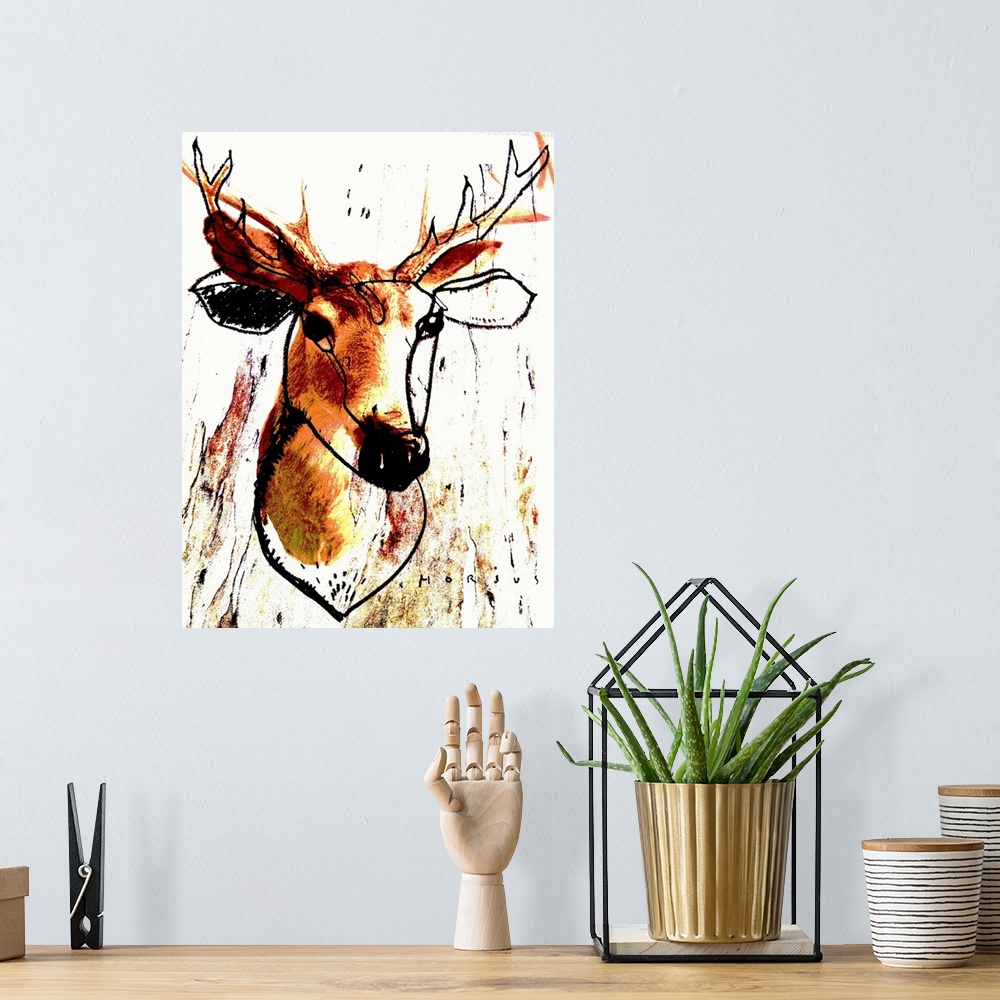 A bohemian room featuring Deer head bust both photographed and drawn with pencil.