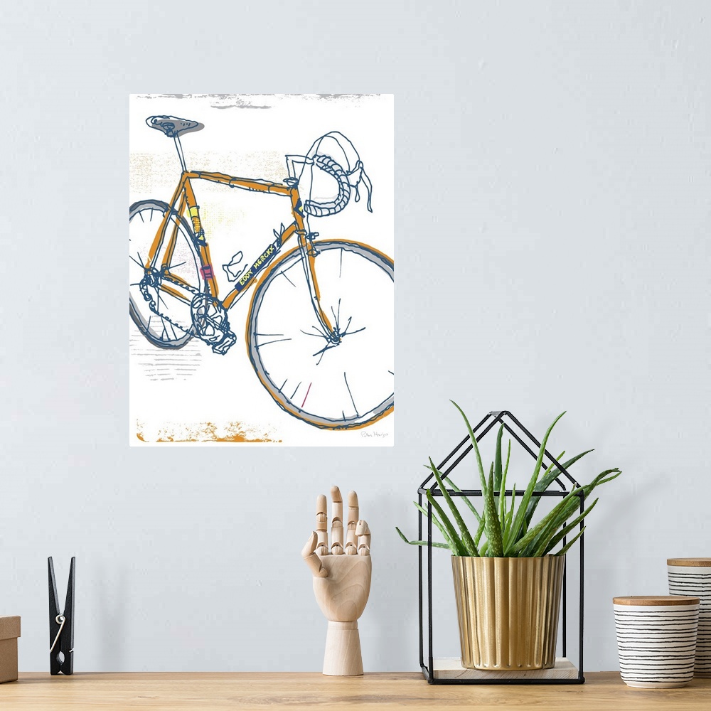 A bohemian room featuring A graphic illustration of Eddy Merckx's road bike with Eddy Merckx logos and graphics.