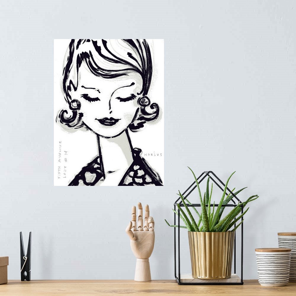 A bohemian room featuring An ink wash painting of a vintage 1950's woman's face with big eye lashes looking down.
