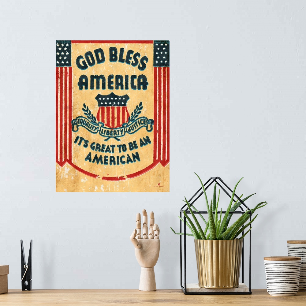 A bohemian room featuring Distressed and retro vintage typography and flags with the saying "God Bless America, It's great ...