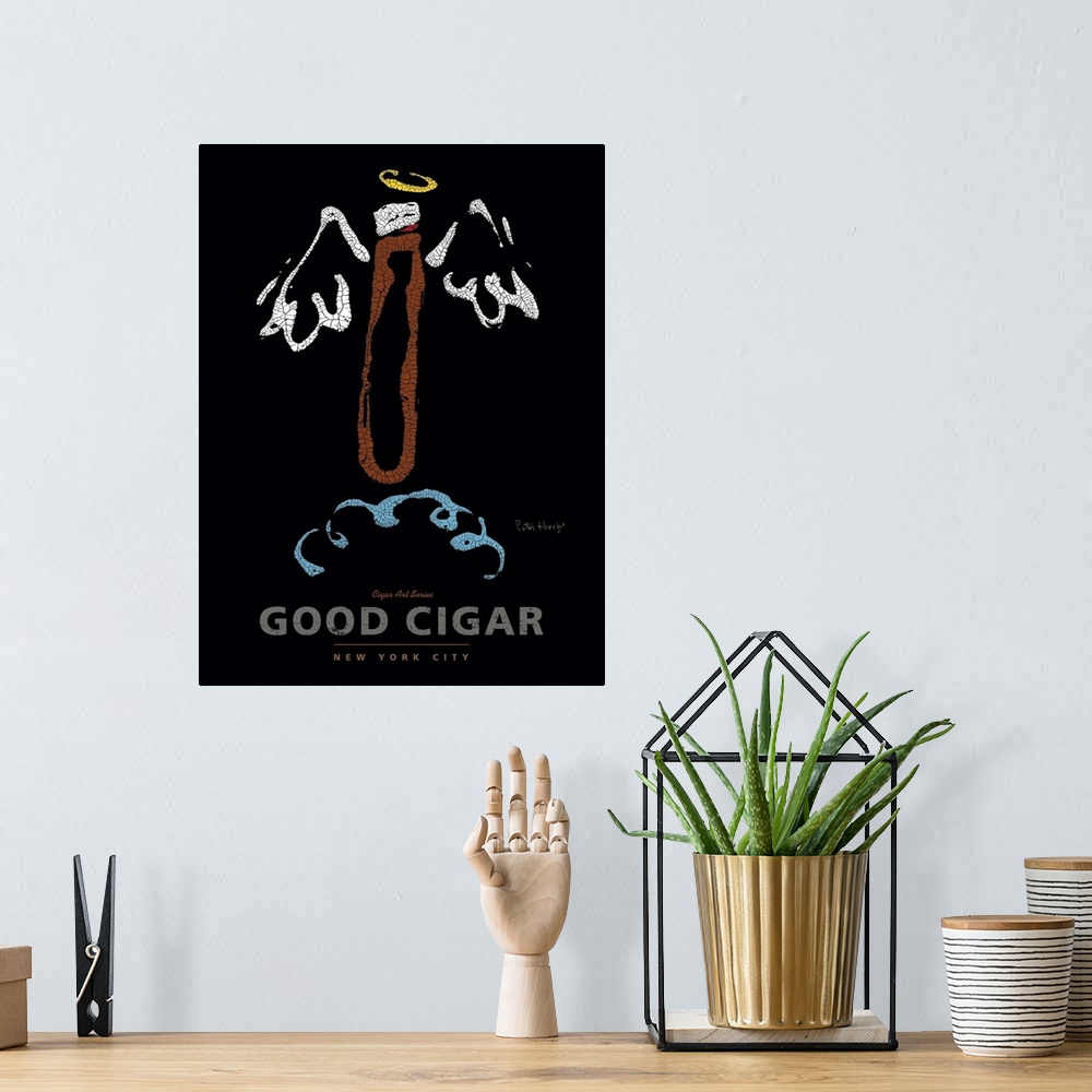 A bohemian room featuring Wall art cigar poster of a good cigar with halo and angel wings with the words Good Cigar.