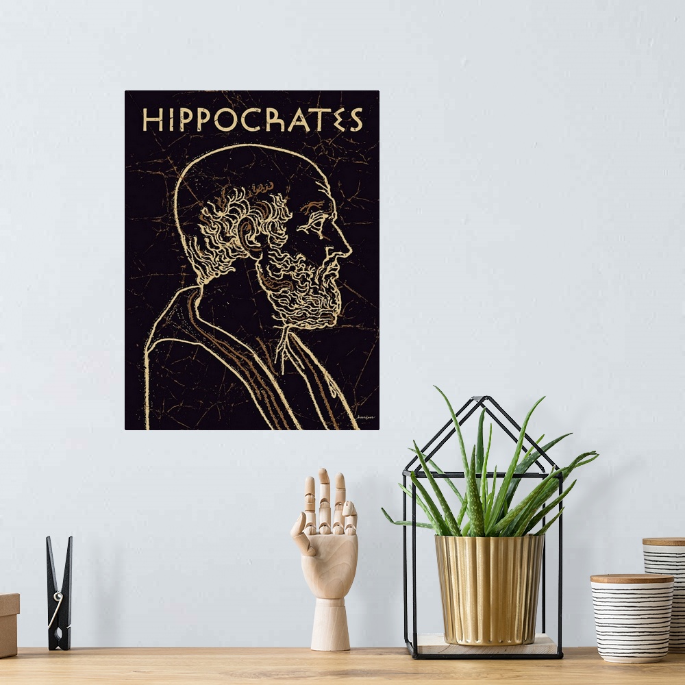 A bohemian room featuring Black and gold line art wall art of Hippocrates, the Greek physician, with the name Hippocrates a...