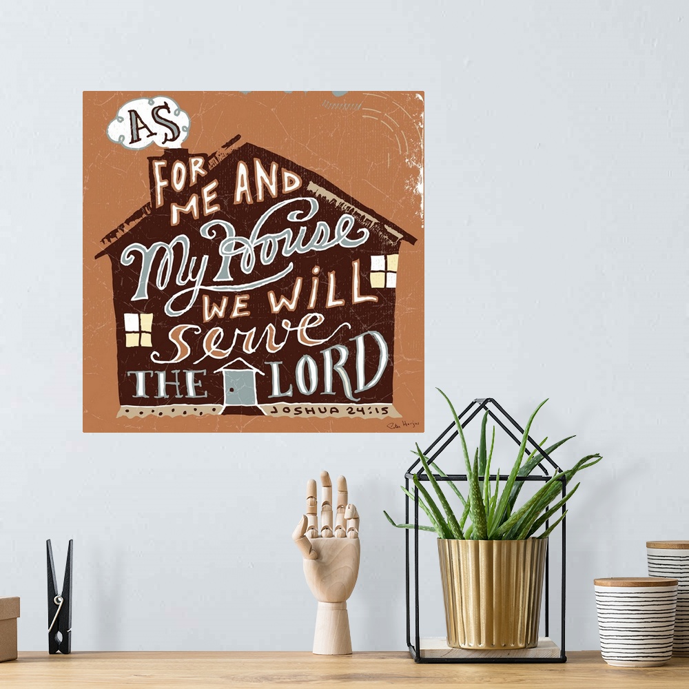 A bohemian room featuring Illustration of a Bible verse handwritten in the shape of a house.