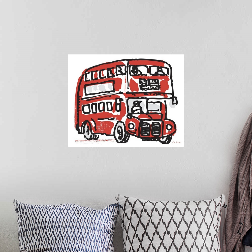 A bohemian room featuring A simple pen and ink line drawing of an old red London double decker bus.