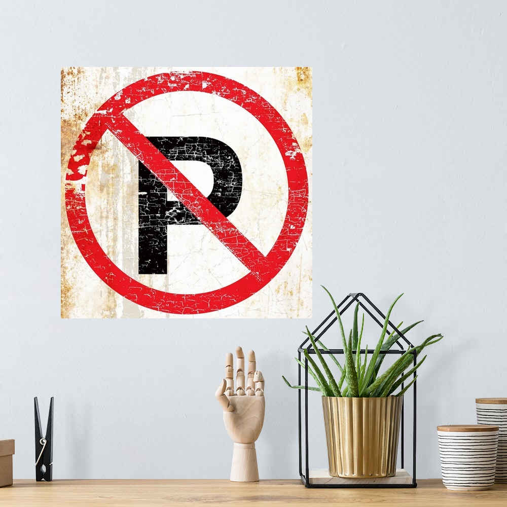 A bohemian room featuring A worn, distressed, cracked and rusty No Parking street sign.