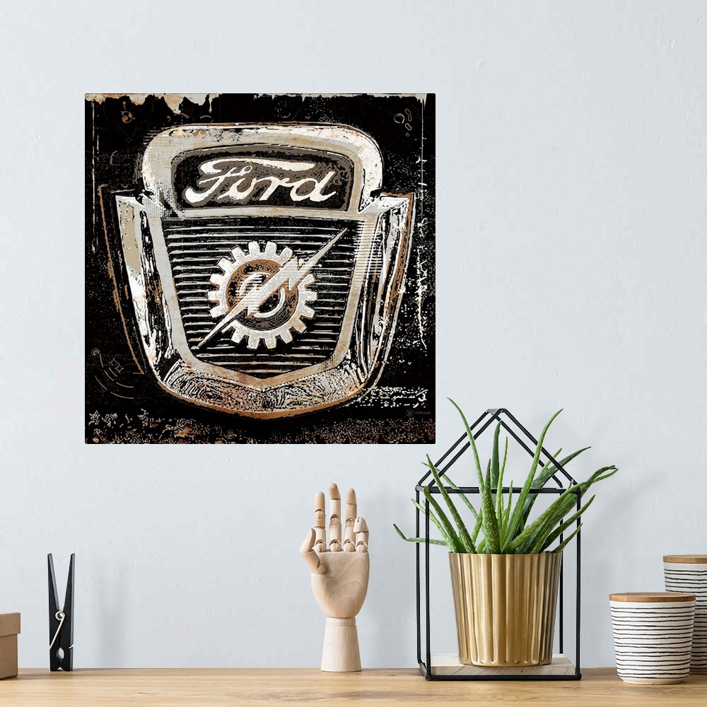 A bohemian room featuring A worn, distressed, cracked and rusty Ford emblem sign on a black background.