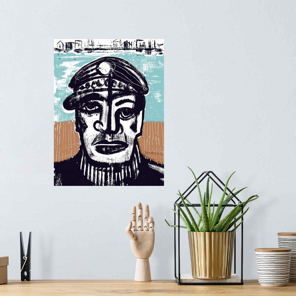 A bohemian room featuring A surly sea captain with a black captain's hat.