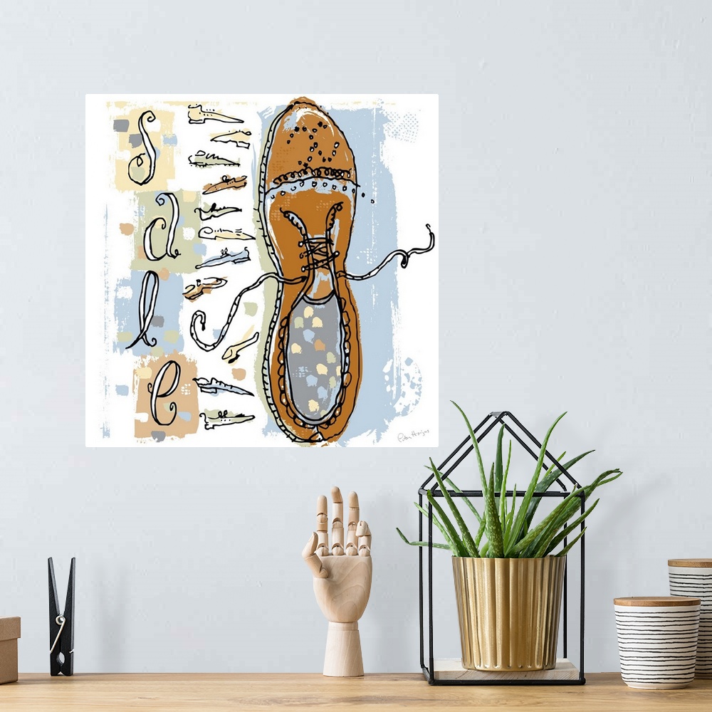 A bohemian room featuring A gestural pen and ink wall art illustration of a wingtip shoe and a hand-written word SALE next ...