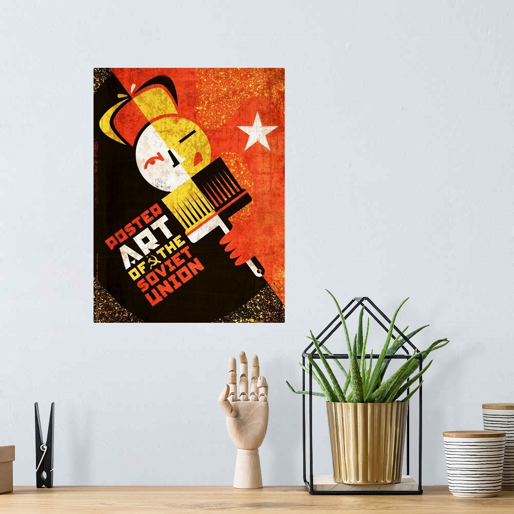 A bohemian room featuring Constructivist design of an image of a man wearing a russian hat holding a poster brush.