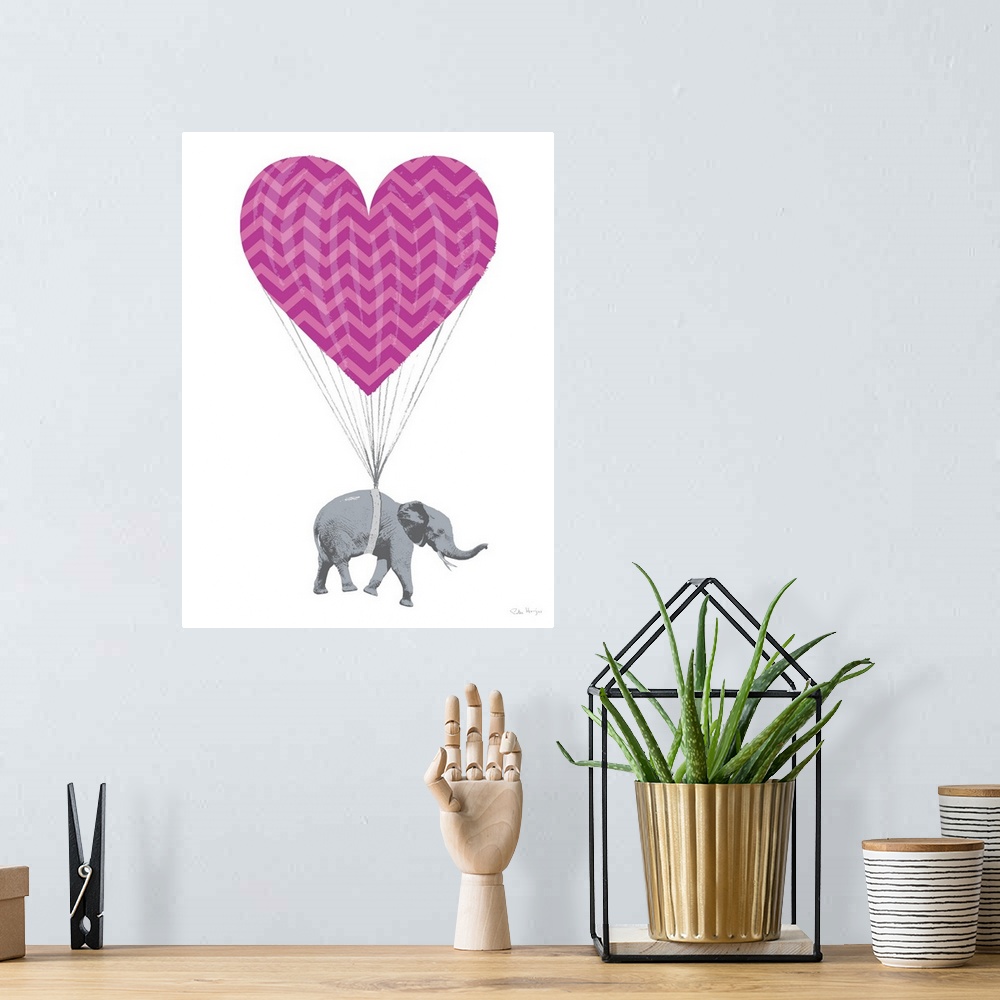 A bohemian room featuring Graphic art of an elephant paratrooper with a parachute in the shape of a love heart.