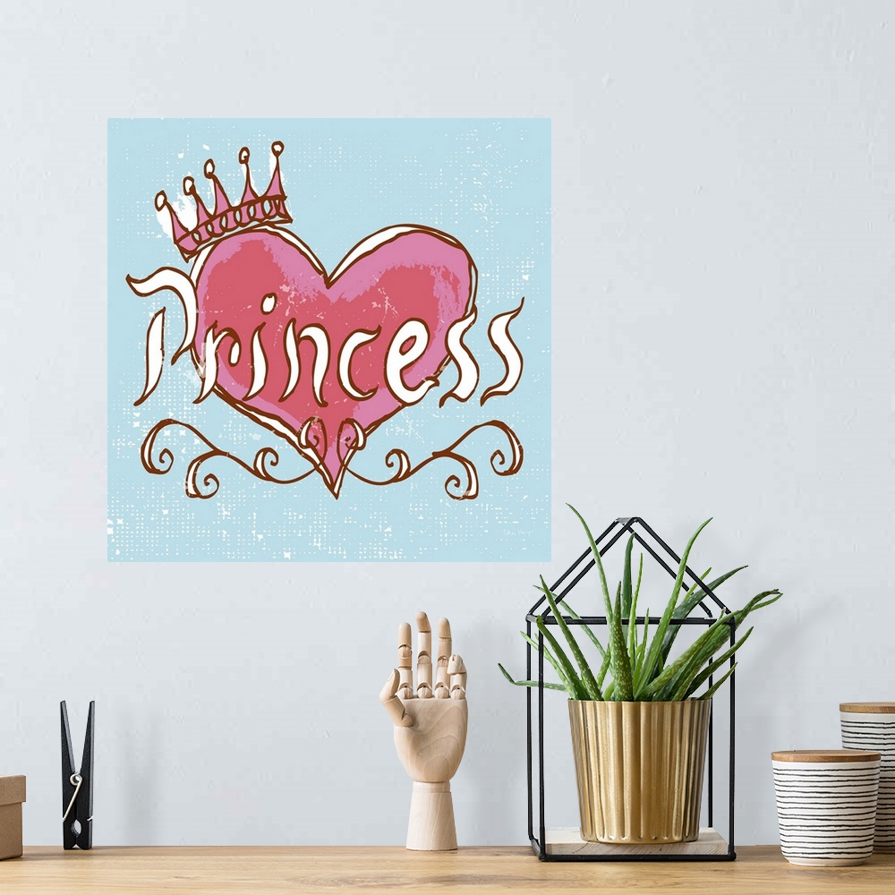 A bohemian room featuring A pen and ink illustrated princess tiara with the word "Princess" hand lettered.