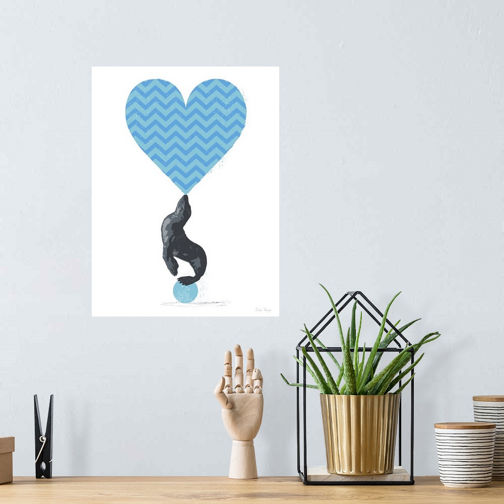 A bohemian room featuring Graphic art of a seal balancing a large blue chevron heart on its nose standing on a blue ball.