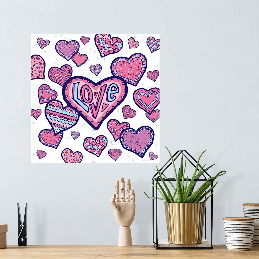 A bohemian room featuring A group of pen and ink illustrated hearts, from large to small hearts on a white textured backgro...