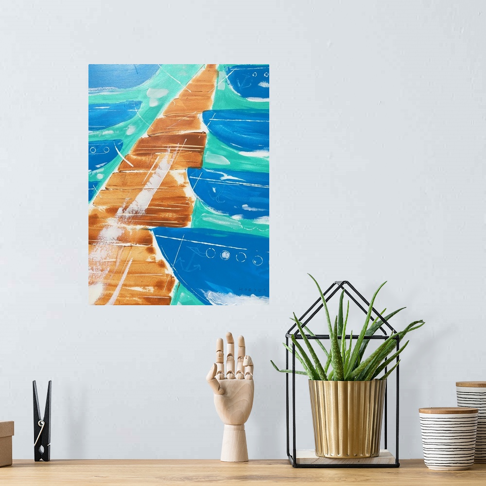 A bohemian room featuring Painting of an abstract boat dock with boats in the boat slips.