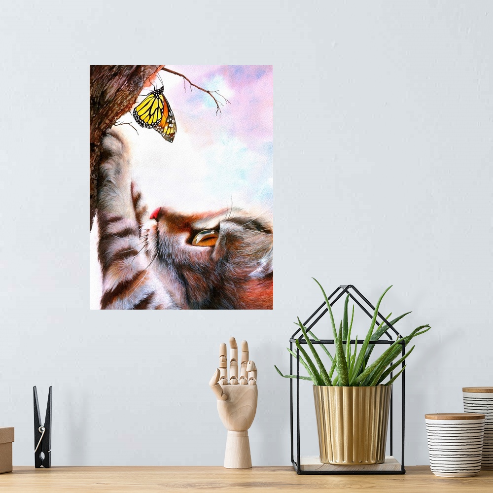 A bohemian room featuring Mixed media painting of a cat reaching out for a butterfly on a tree.