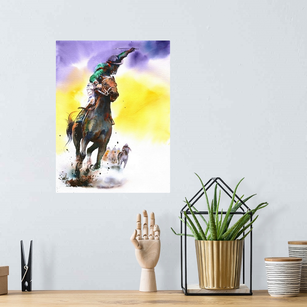 A bohemian room featuring A triumphant rider and racehorse cross the finish line.