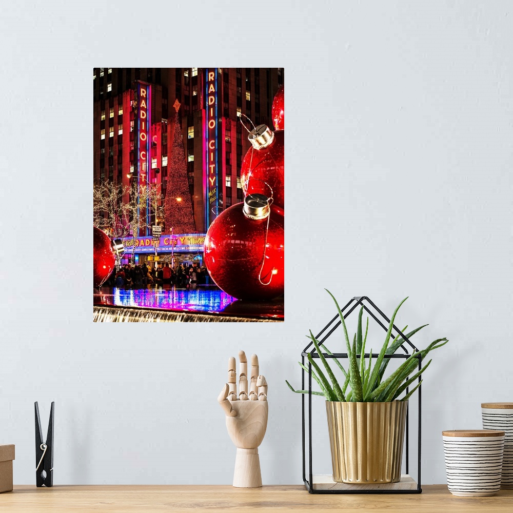 A bohemian room featuring Fine art photograph of giant Christmas decorations set up in New York city.