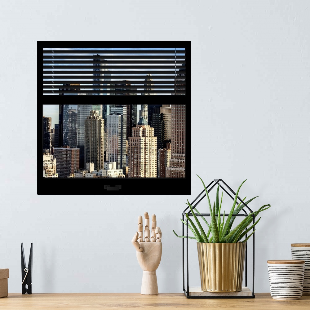 A bohemian room featuring Artistic photograph New York city as if viewed from a window.