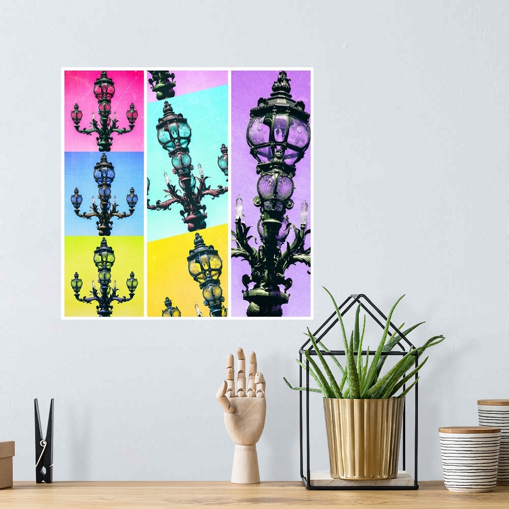 A bohemian room featuring Artistic photography of a Parisian lamppost in a colorful tiled pop art style.