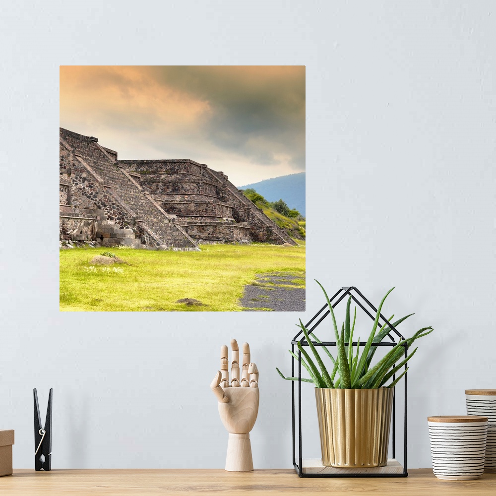A bohemian room featuring Square photograph of the Teotihuacan Pyramids, Mexico. From the Viva Mexico Square Collection.