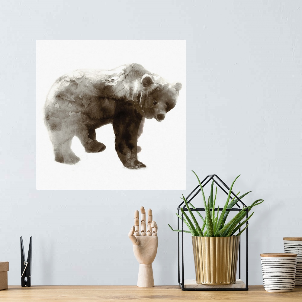 A bohemian room featuring Watercolor painting of a grizzly bear in brown tones.