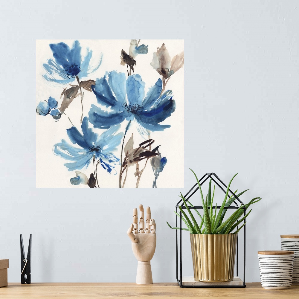 A bohemian room featuring Watercolor flowers in a blissful blue tone.