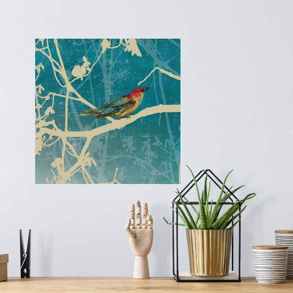 A bohemian room featuring Contemporary home decor art of a bird perched on a silhouetted branch against a faded blue backgr...