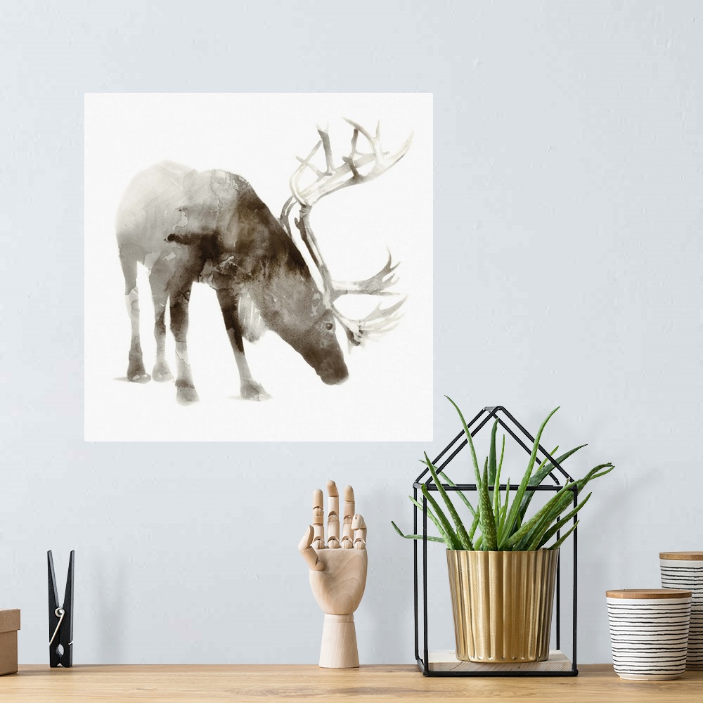 A bohemian room featuring Watercolor painting of a caribou with large antlers in brown tones.
