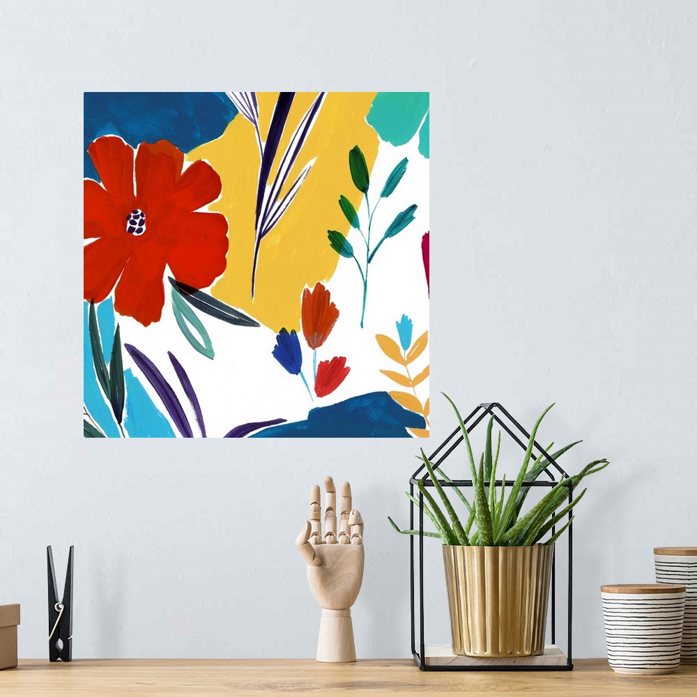 A bohemian room featuring Brightly colored abstracted flowers.