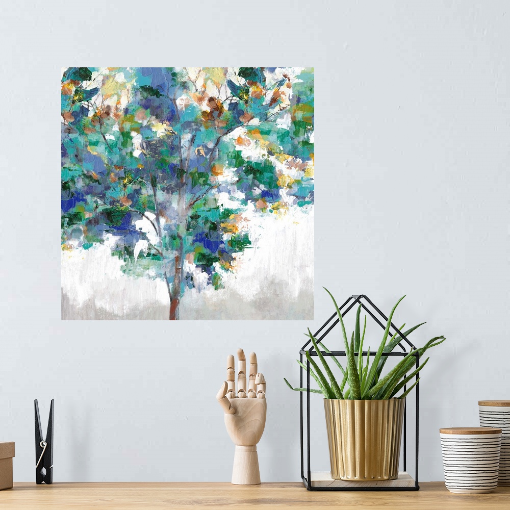 A bohemian room featuring Contemporary artwork of a single tree with textured leaves in colors of green, blue and yellow.