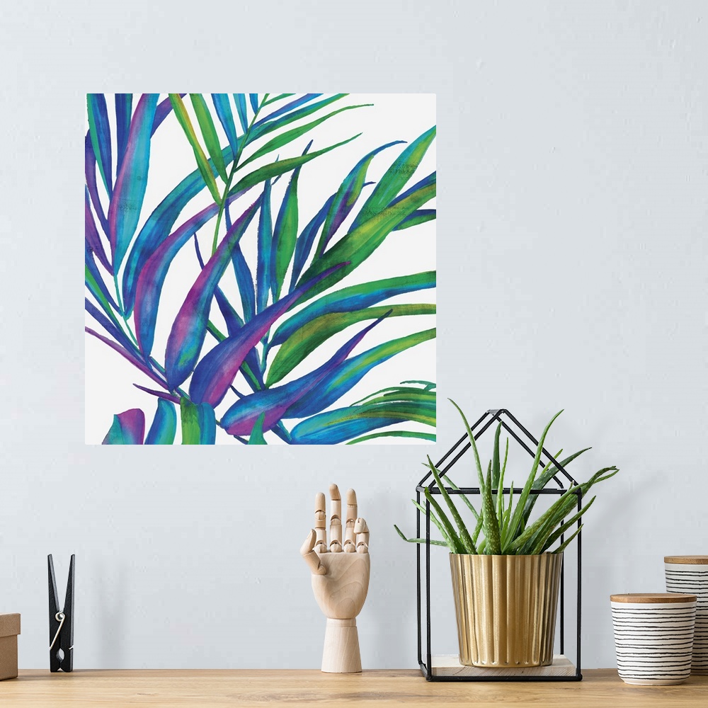 A bohemian room featuring Square decor with illustrated tropical leaves in blue, purple, and green hues on a white background.