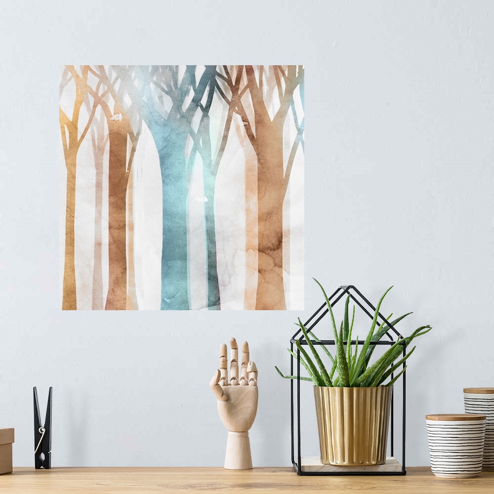 A bohemian room featuring Contemporary home decor artwork of colorful watercolor trees against a distressed background.