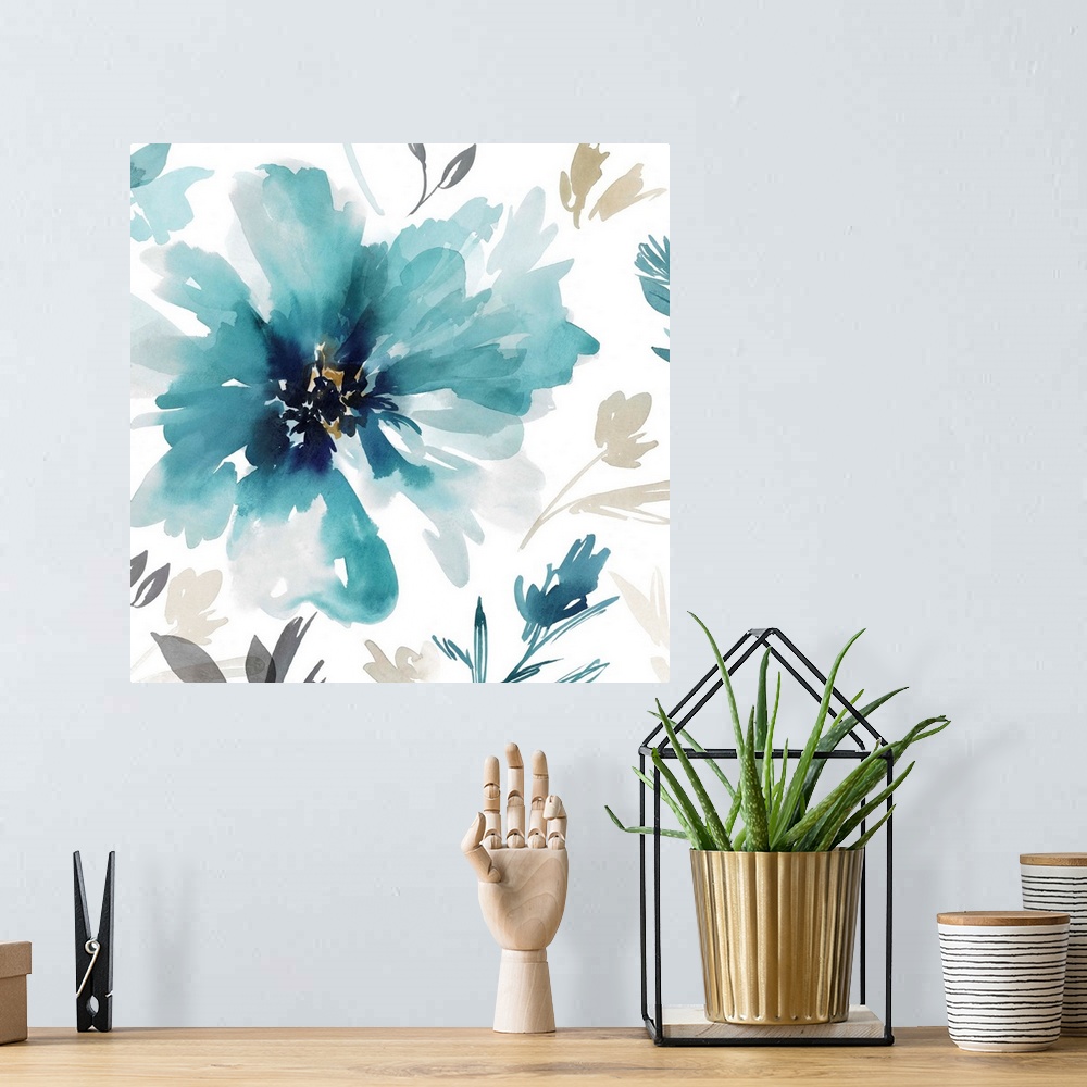 A bohemian room featuring Abstractly painted watercolor flowers in aqua.