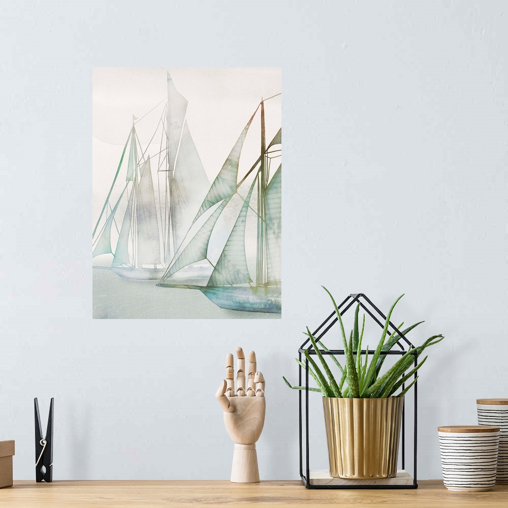 A bohemian room featuring Watercolor painting of several sailboats in the mist.