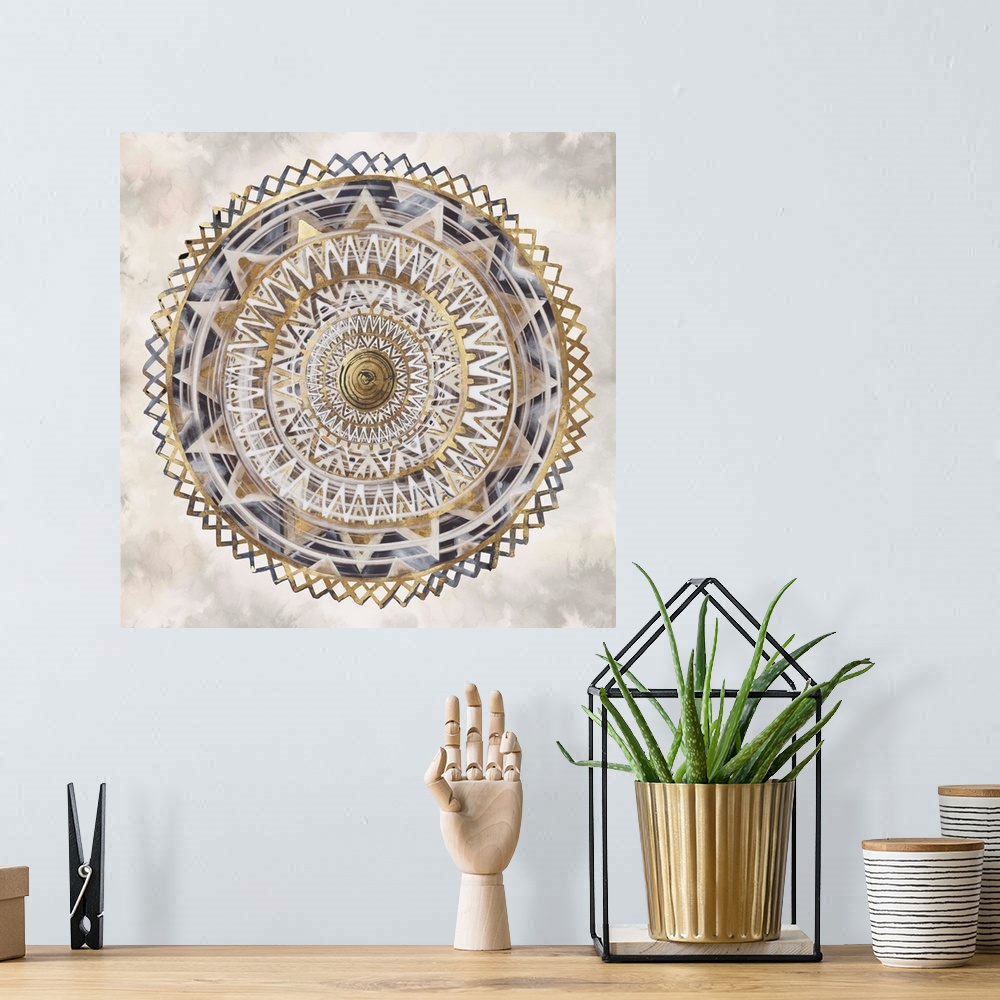 A bohemian room featuring Bohemian mandala painted in various neutral shades outlined in gold.