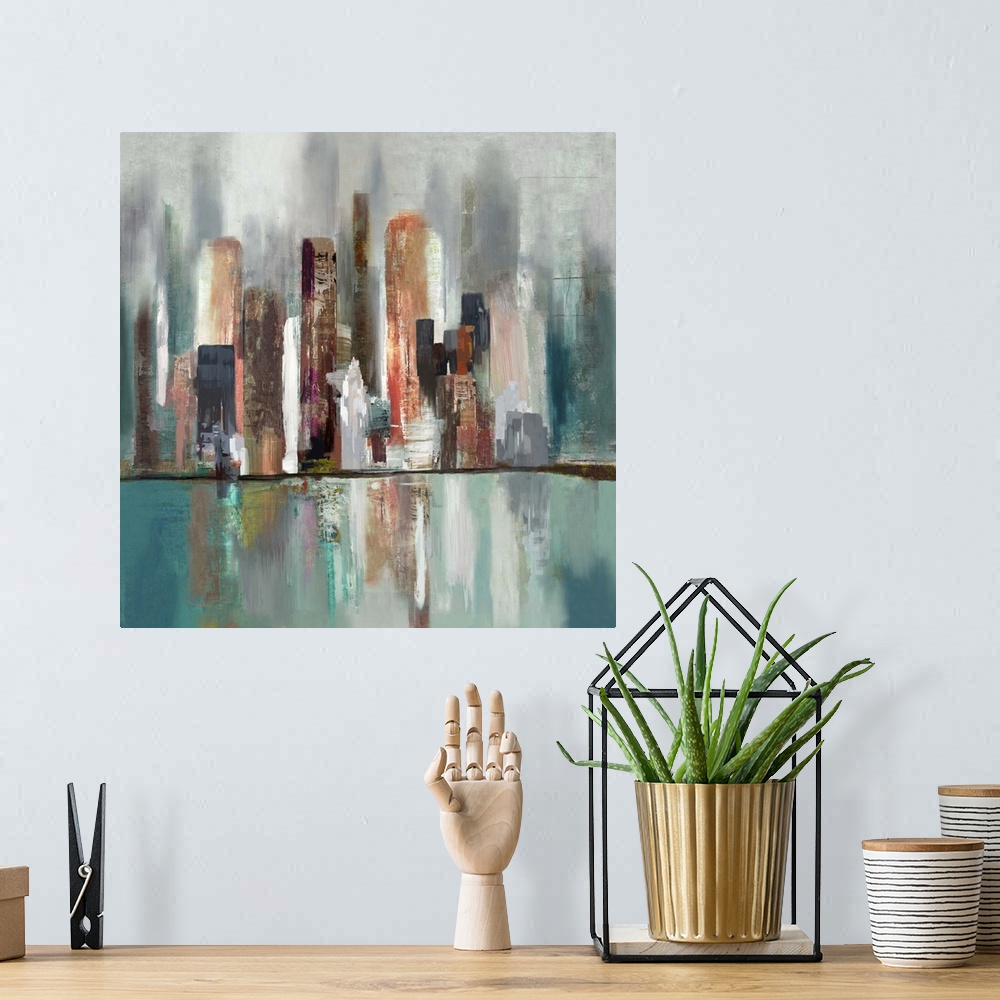 A bohemian room featuring Contemporary home decor art of an abstract skyline of tall architectural structures.