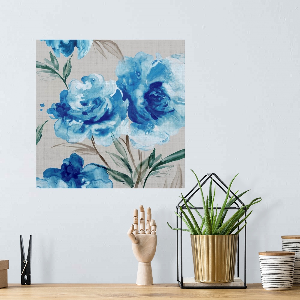 A bohemian room featuring Blue rose pattern on a neutral background.