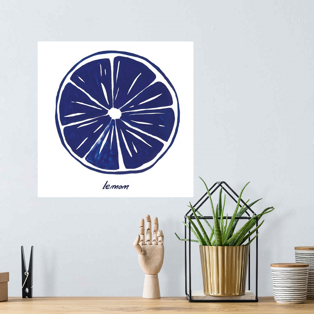 A bohemian room featuring Navy blue ink wash painting of a lemon slice on white.