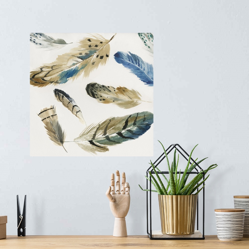 A bohemian room featuring Watercolor painting of a variety of feathers floating in the air.