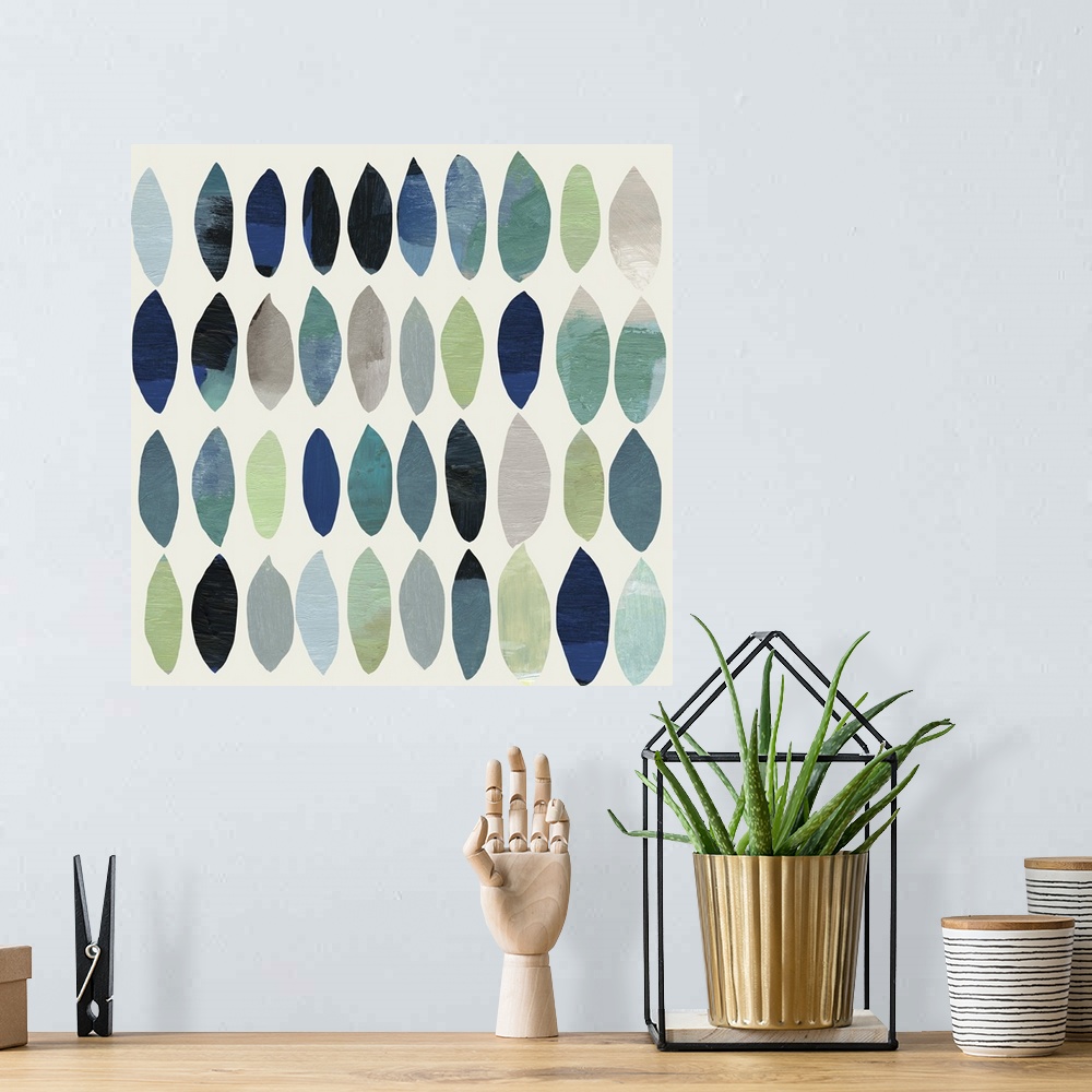 A bohemian room featuring Abstract painting of leafs in shades of blue and green.
