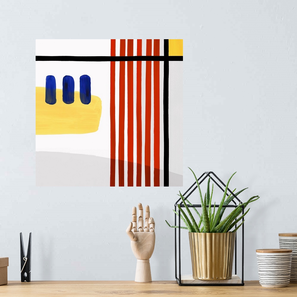 A bohemian room featuring Square abstract painting with vertical lines in a modern design.