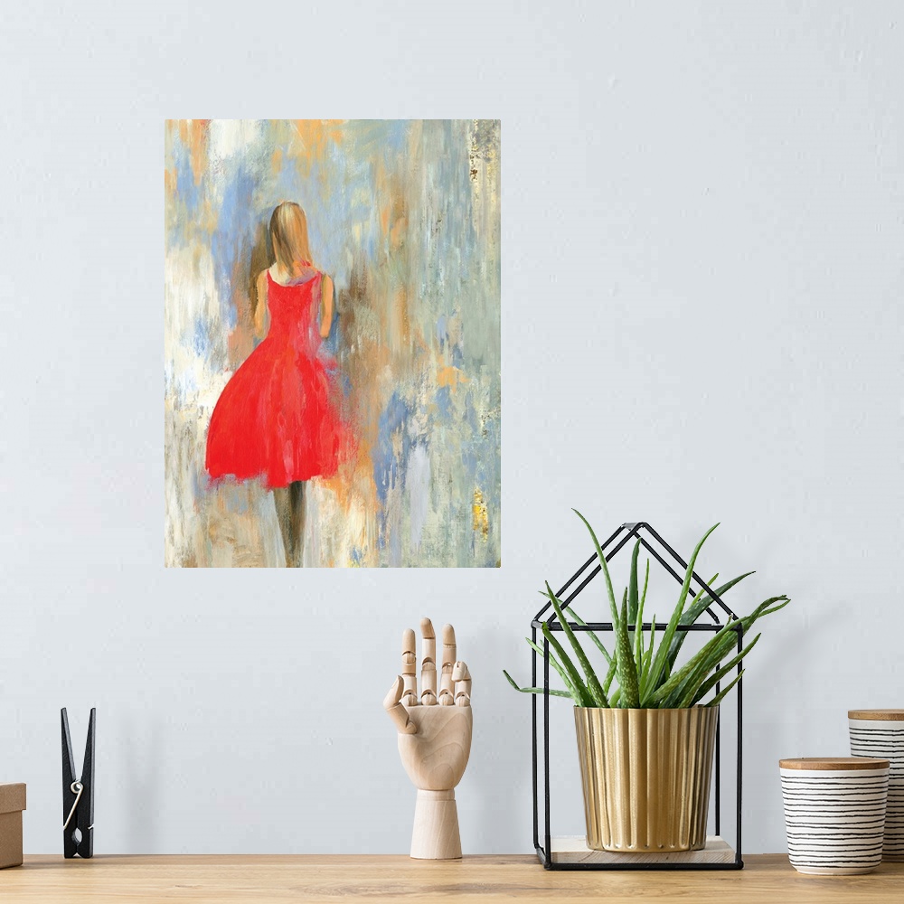 A bohemian room featuring Painting of a female in a red dress, walking away, with a textured backdrop of blue, gray and brown.
