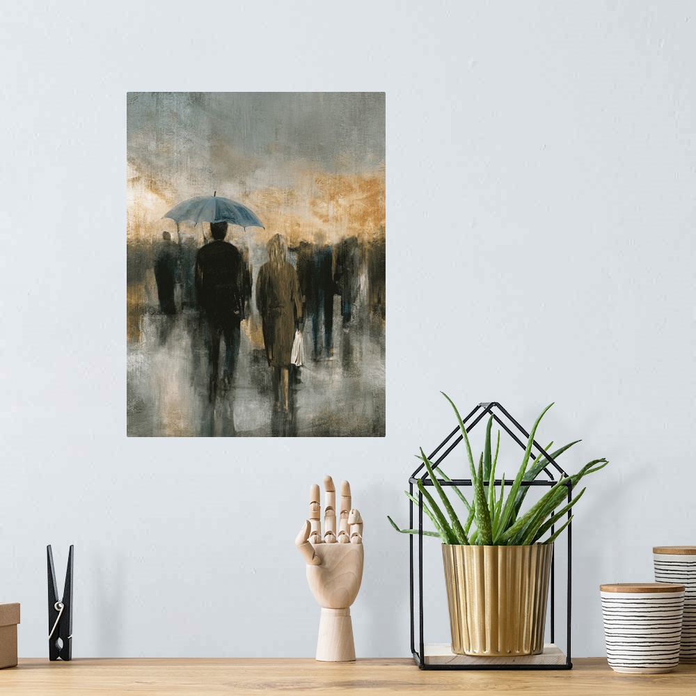 A bohemian room featuring Contemporary artwork of a couple walking in the city with an umbrella.