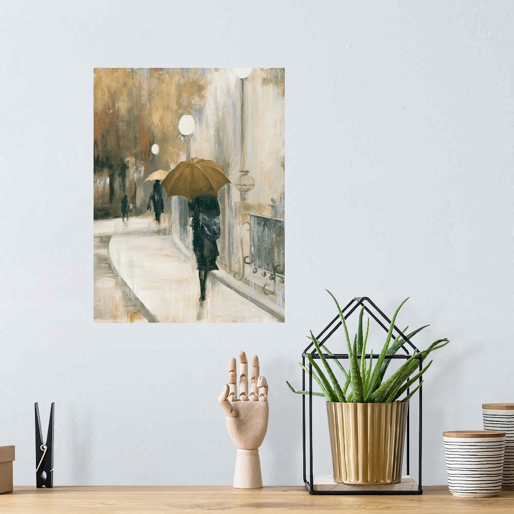 A bohemian room featuring Contemporary artwork of women walking in the city with umbrellas.