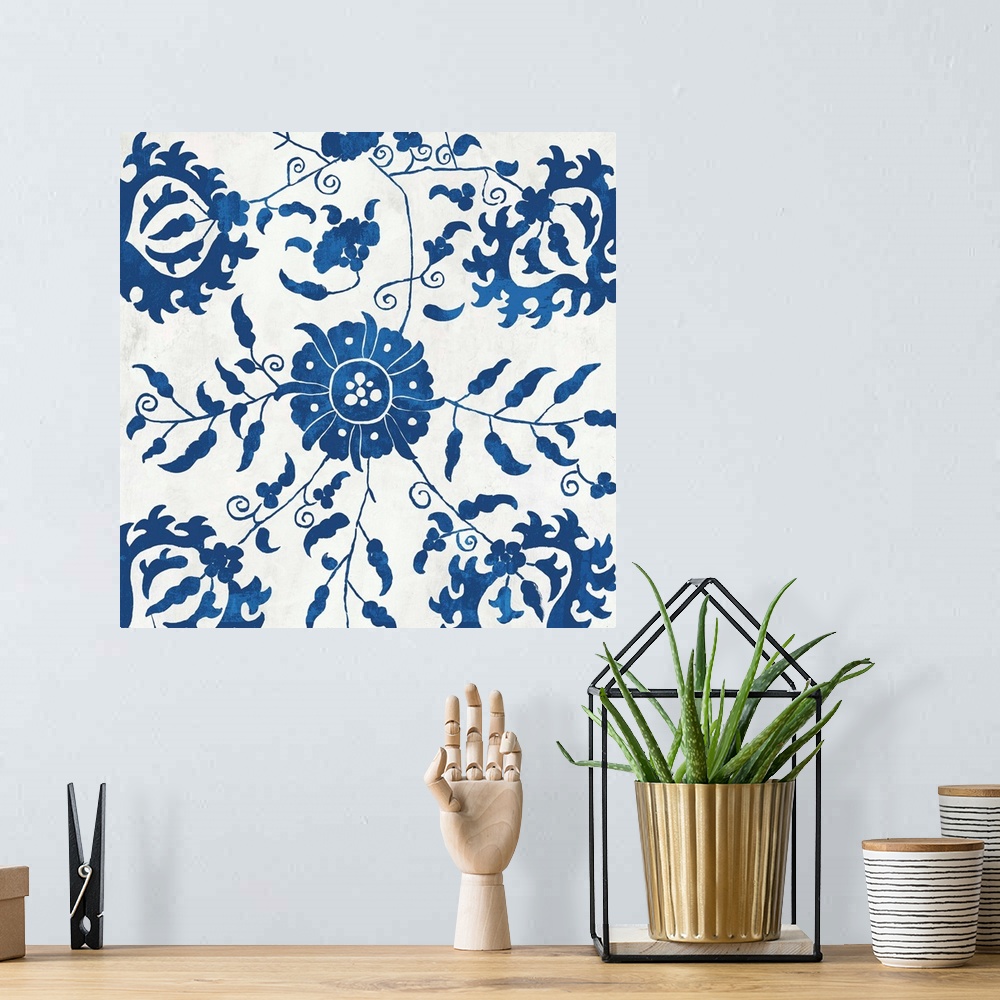 A bohemian room featuring Indigo tile pattern inspired by Morocco.