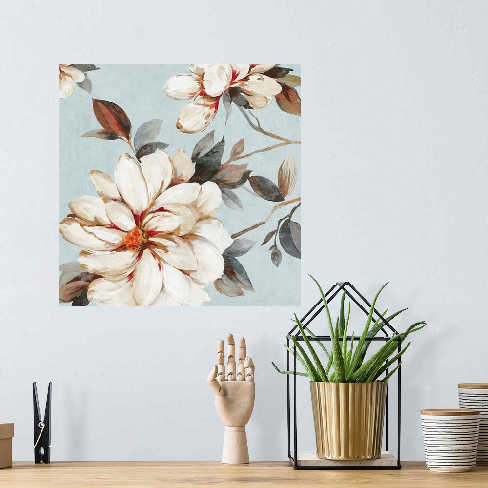 A bohemian room featuring A contemporary painting of large flower blooms on leaf covered stems against a neutral textured b...