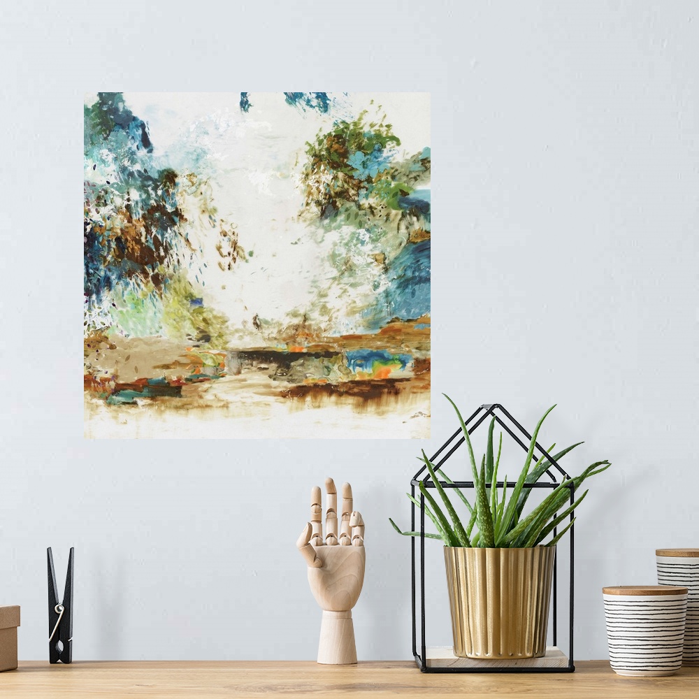 A bohemian room featuring Square contemporary painting of a landscape in natural earth tone colors.